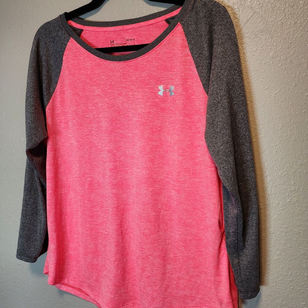 Under Armour Womens Large HeatGear Pink Gray Raglan Baseball Sleeve Shirt